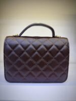 Elegant Dark Brown Quilted Grain Leather Top-Handle Handbag with Gold Interlocking Clasp - Image 2
