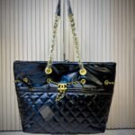 Luxury Quilted Glossy Black Shoulder Tote Bag with Gold Chain Accents