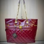 Luxury Quilted Glossy Maroon Shoulder Tote Bag with Gold Chain Accents