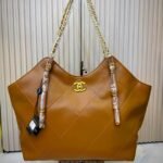 Classic Quilted Camel Brown Leather Chain Tote Bag