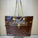 Luxury Quilted Glossy Dark Brown Shoulder Tote Bag with Gold Chain Accents