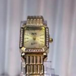 NK Rectangular Crystal-Accented Gold-Tone Women's Watch