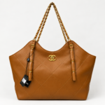 Classic Quilted Camel Brown Leather Chain Tote Bag - Image 3