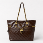 Luxury Quilted Glossy Dark Brown Shoulder Tote Bag with Gold Chain Accents - Image 3