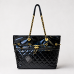Luxury Quilted Glossy Black Shoulder Tote Bag with Gold Chain Accents - Image 3
