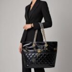 Luxury Quilted Glossy Black Shoulder Tote Bag with Gold Chain Accents - Image 2