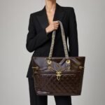 Luxury Quilted Glossy Dark Brown Shoulder Tote Bag with Gold Chain Accents - Image 2