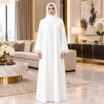 Ambar Elegant White Lace-Panel Abaya